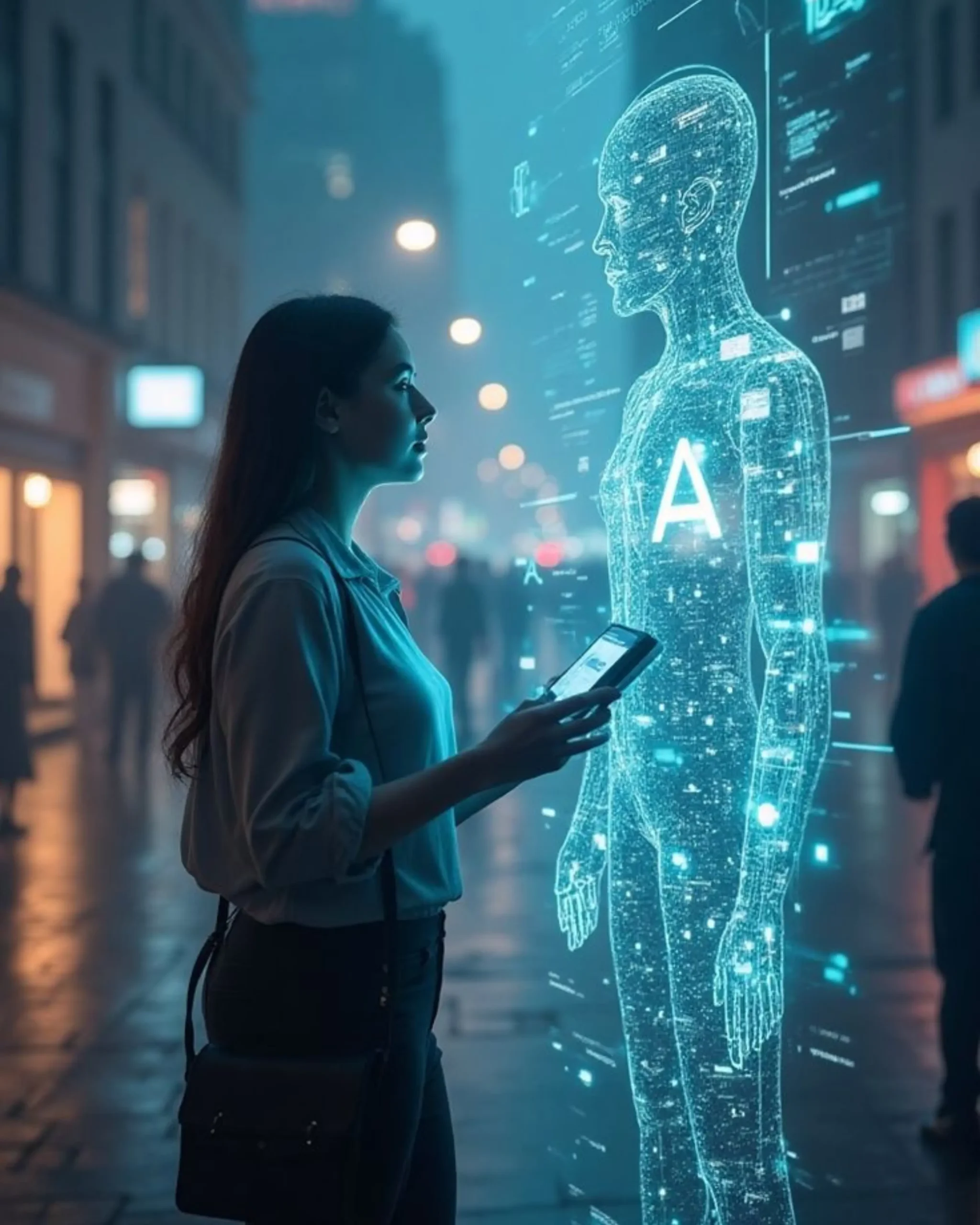 a women standing looking a 3d ai hologram