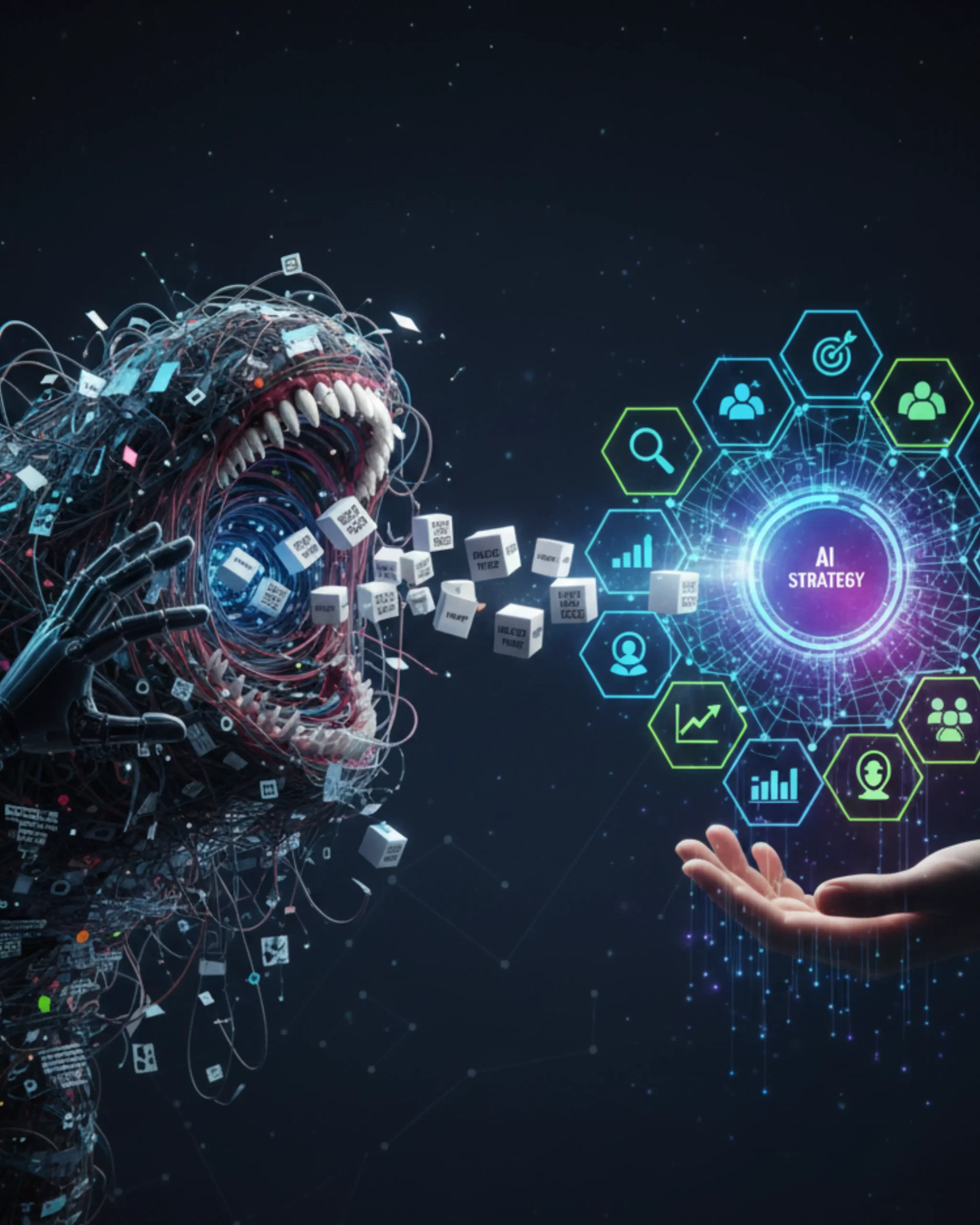 a monster-like creature trying to eat an AI hologram